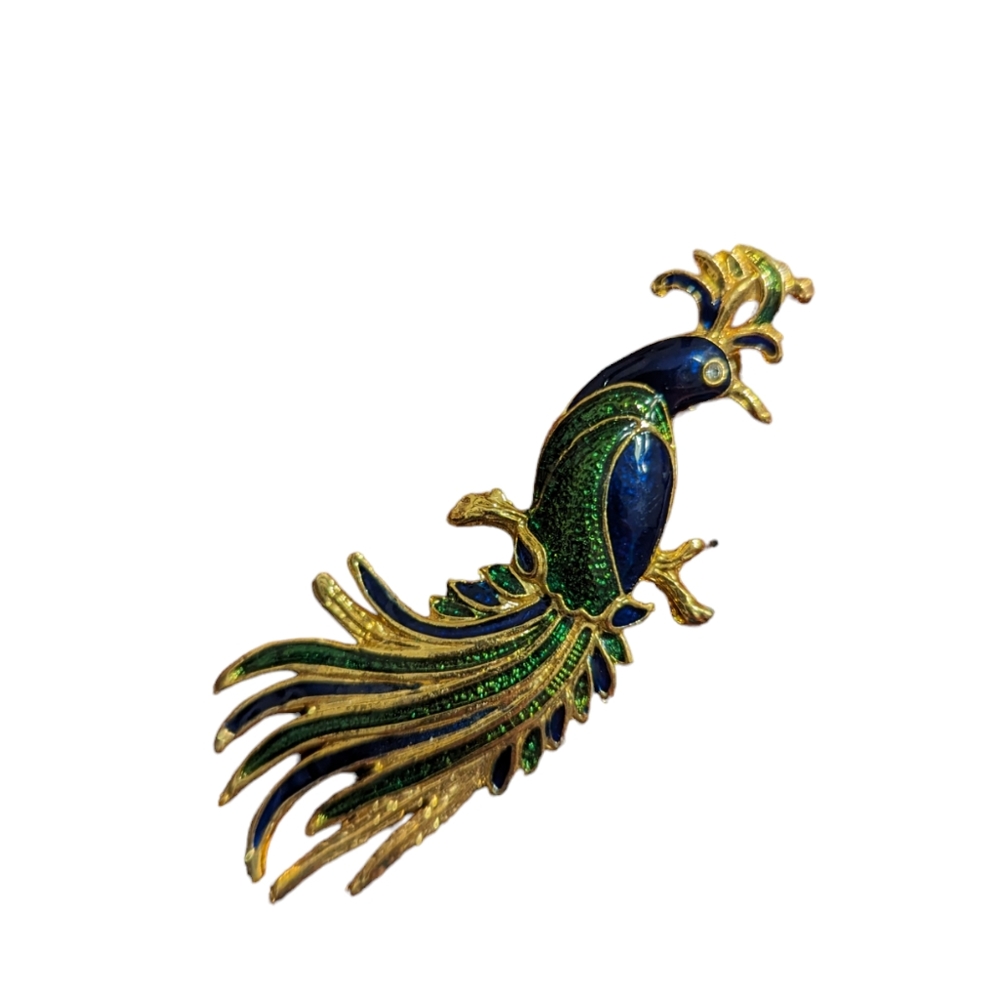 Blue Green Goldtone Peacock Brooch